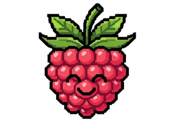 A pixelated raspberry illustration with a smiling face, green leaves, and a stem, perfect for food-related designs.