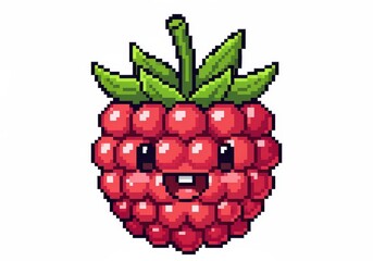 Pixelated illustration of a happy raspberry with a green stem and leaves, smiling cheerfully.