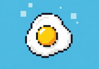 Pixelated illustration of a fried egg with a bright yellow yolk on a blue background.