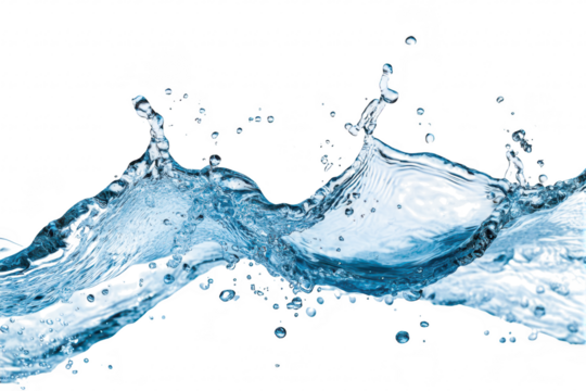 A dynamic splash of clear water creating intricate patterns against a pristine white background. capturing the essence of fluid motion. ideal for use in design and advertising