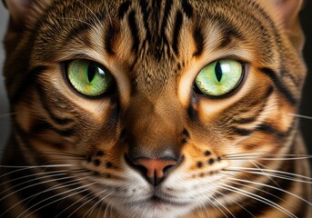 Close-up portrait of a Bengal cat with striking green eyes and distinctive markings.