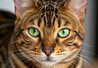 Close-up portrait of a Bengal cat with striking green eyes, showcasing its unique coat pattern.