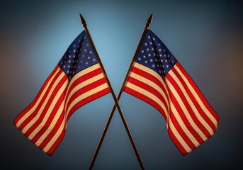 Two American flags crossed, representing unity and patriotism, against a blue background.