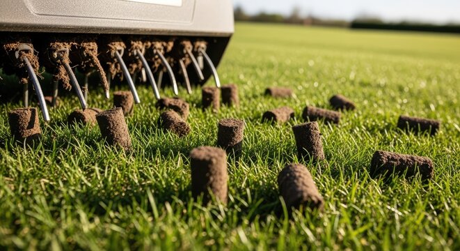 A lawn aerator in action, spreading grass seed across a green lawn.