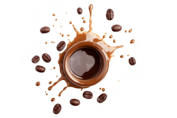 A dynamic splash of rich. dark chocolate surrounding a circular bowl. with scattered coffee beans. creating an energetic scene perfect for culinary or beverage-related content