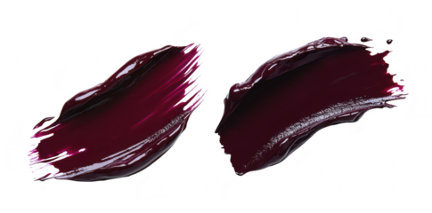 Two distinct swatches of deep burgundy paint are artistically smeared on a clean white background. texture and color variation. ideal for art. design. or home decor projects