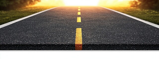 sunlit asphalt road with yellow dashed center line and white edge lines flanked by grass and blurred trees, stretching to a glowing horizon and evoking hope and forward journey