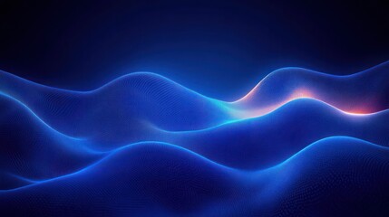 glowing blue digital mesh waves forming an undulating dotted landscape with subtle warm highlights, serene futuristic atmosphere