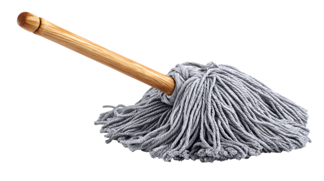 Cotton mop with wooden handle isolated on transparent background