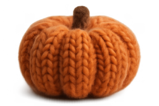 Knitted orange pumpkin decorating for autumn harvest festival, cozy halloween or thanksgiving holiday celebration on transparent background