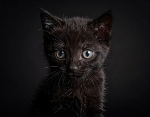 Adorable, dark-furred kitten with big, expressive eyes stares intensely against a dimly lit, textured background
