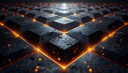 Abstract geometric pattern with textured, dark shapes accented by vibrant orange lights and bokeh elements