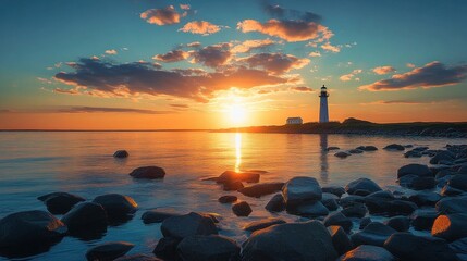 lighthouse on a rocky coast at golden sunset with calm reflective sea, scattered clouds and a peaceful serene glow