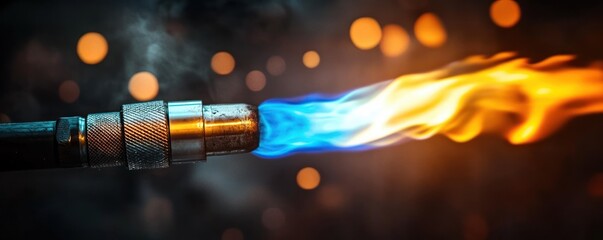 close-up of a metal gas torch nozzle emitting an intense blue core and orange outer flame with smoke and warm bokeh lights, conveying heat and industrial energy