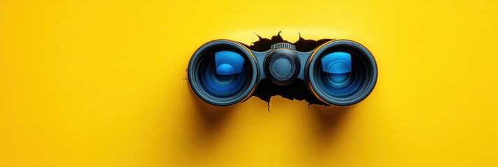 binoculars with bright blue lenses bursting through torn yellow paper, evoking curiosity and surprise