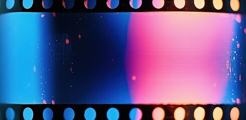 close-up of vintage film strip with sprocket holes, dust and scratches, vibrant blue and pink light leak and nostalgic cinematic glow