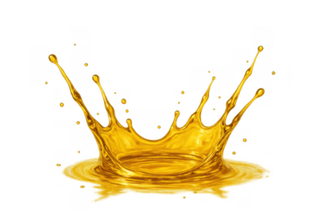 Golden oil liquid creating a splash crown with droplets, reflecting on surface, transparent background