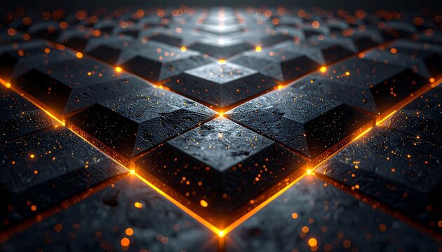 Abstract geometric pattern with textured, dark shapes accented by vibrant orange lights and bokeh elements