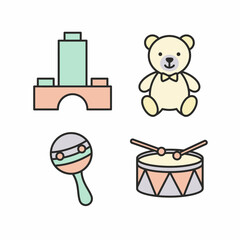 Colorful Baby Toys Illustration Blocks Teddy Bear Rattle and Drum.