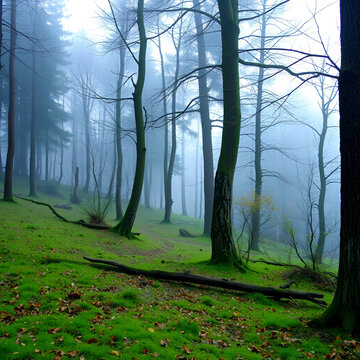 bosco di alberi decidui e spogli, avvolto dalla nebbia, al crepuscolo, in inverno, in un ambiente naturale di campagna dai colori grigi
