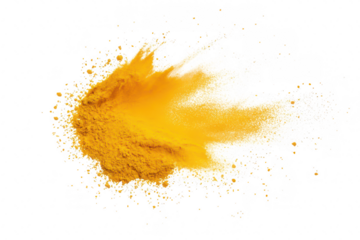 A splash of yellow powder disperses artistically against a white background. creating a dynamic visual effect that could enhance creative projects or culinary presentations