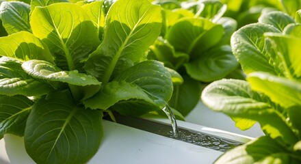 Healthy green lettuce growing in a hydroponic system with water flowing