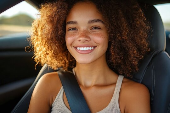 person with curly hair wearing a tank top and seatbelt in a sunlit car interior, calm relaxed mood - Powered by Adobe