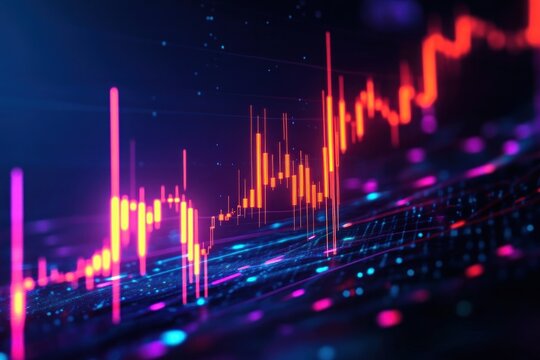 neon candlestick market chart rising over a glowing futuristic digital grid, energetic and dynamic visualization of trading data and upward momentum - Powered by Adobe