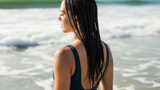 Caucasian adult female with long box braids standing in the sea and looking at the waves. A serene and contemplative moment during a summer beach vacation or wellness retreat