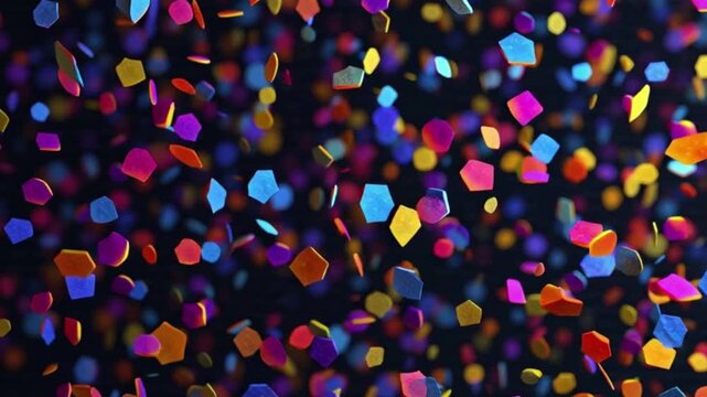 Dynamic shower of vibrant colorful geometric polygons, an abstract illustration creating a festive and energetic background for celebrations and events