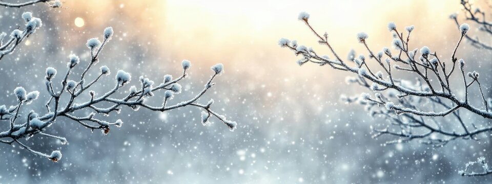 Snow-covered bare branches with frosty buds and falling snowflakes against a soft glowing winter sky, serene and peaceful atmosphere