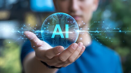 Artificial intelligence concept with digital ai sphere held by person