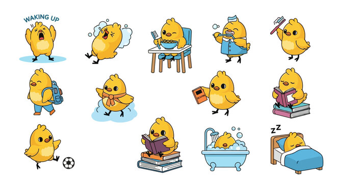 Sweet and energetic cartoon chick icons illustrating a cheerful daily routine, from morning wake-up to peaceful bedtime activities