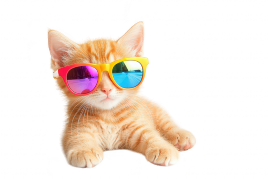 A playful orange tabby cat wearing colorful sunglasses lounges on a clean white surface. exuding a fun and trendy vibe. perfect for pet-themed marketing or social media content