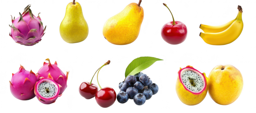 A arrangement of assorted fresh fruits including dragon fruit. pears. cherries. bananas. and blueberries. beautifully displayed on a clean white background. ideal for health and nutrition-related cont