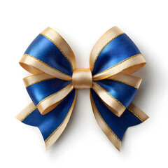 Blue ribbon on white background. Top view of bow