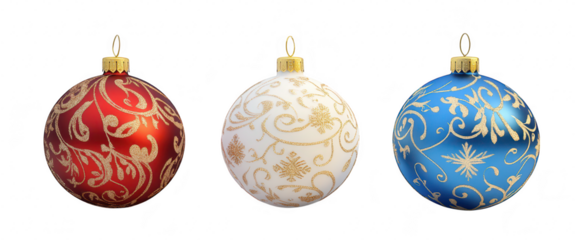 A display of three beautifully crafted Christmas ornaments in red. white. and blue. adorned with intricate gold designs. set against a clean. white background. perfect for holiday-themed decorations