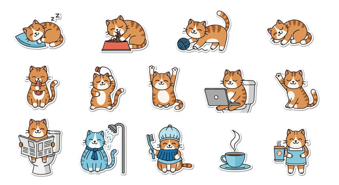 A whimsical collection of cute orange tabby cat character stickers showing daily life activities and emotions