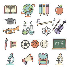 Colorful School Supplies and Educational Icons Illustration.