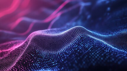 Abstract digital landscape made of glowing particles with wavy lines