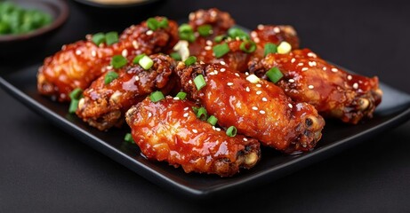 glazed sticky chicken wings topped with sesame seeds and chopped green onions on a black rectangular plate, mouthwatering and savory