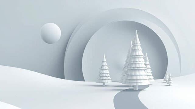 A white background with a large circle and three trees. The trees are in the middle of the circle. The background is very white. White abstract christmas clean minimalist concept