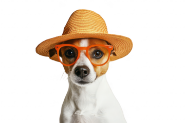 A stylish dog wearing a straw hat and orange glasses poses confidently against a plain white background. its playful personality. ideal for pet-related content and marketing