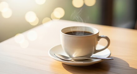 Fototapeta premium Steaming cup of dark beverage rests upon a light wooden surface bathed in bright sunshine