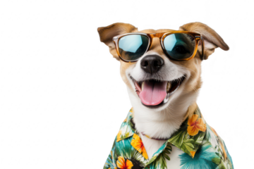 A cheerful dog wearing stylish sunglasses and a Hawaiian shirt. posing against a plain white background. exuding a fun and playful vibe. perfect for summer-themed content