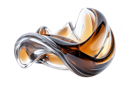 An elegant. swirling glass sculpture a blend of amber and clear tones. set against a minimalist white background. ideal for modern art displays or interior design inspiration