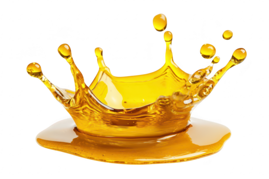 A splash of golden liquid creating dynamic droplets against a white background. the beauty of fluid motion. perfect for culinary or artistic use