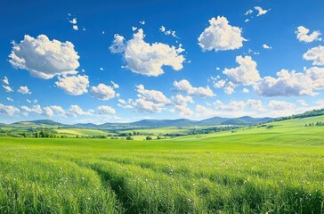 Obraz premium sunlit green meadow with winding grass track, rolling hills and distant ridges under a bright blue sky dotted with fluffy clouds, peaceful and expansive countryside
