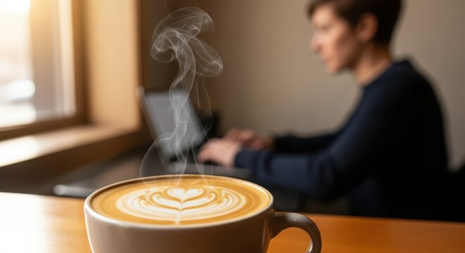 Steaming hot beverage with latte art rests on a wooden table while a person works on a portable computer nearby