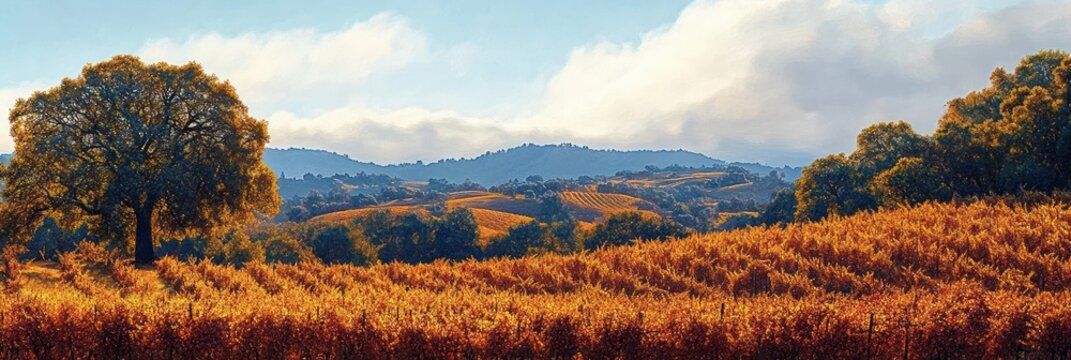 Sunlit golden fields and vine-covered rolling hills with a solitary tree beneath a soft blue sky, a warm tranquil autumn landscape